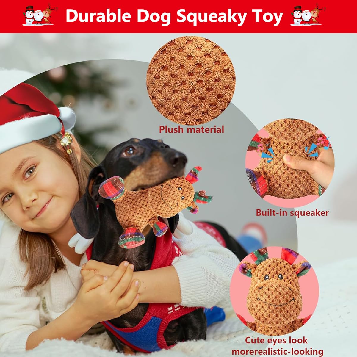 CHAWONER Christmas Dog Toy, Interactive Dog Squeaky Toy for Boredom, Stuffed Elk Plush Pet Toys for Small Medium Large Dogs, Tough XMAS Dog Toys