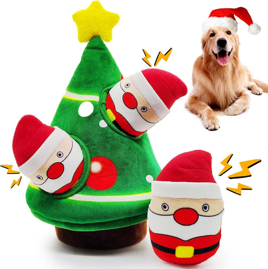 CIIVURR Christmas Dog Toy Set - Interactive Squeaky & Crinkle Plush Chew Toys, Holiday Puzzle Toy with Christmas Tree Burrow and Santa Figures for Small & Medium Dogs