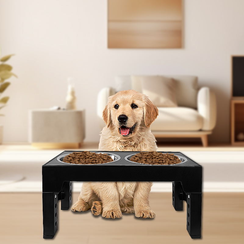 Elevated Dog Bowls 5 Height Adjustable Stand Raised dog bowl with Double Stainless Steel Bowls for Small Medium Large Dogs - Black