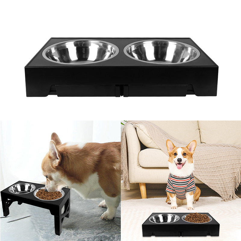 Elevated Dog Bowls 5 Height Adjustable Stand Raised dog bowl with Double Stainless Steel Bowls for Small Medium Large Dogs - Black