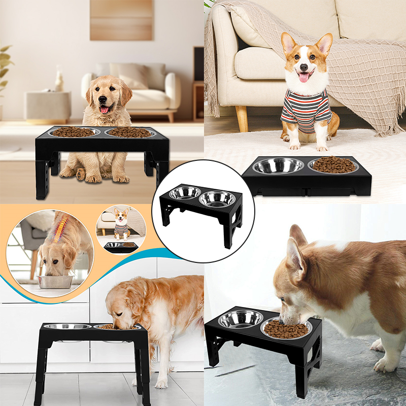 Elevated Dog Bowls 5 Height Adjustable Stand Raised dog bowl with Double Stainless Steel Bowls for Small Medium Large Dogs - Black