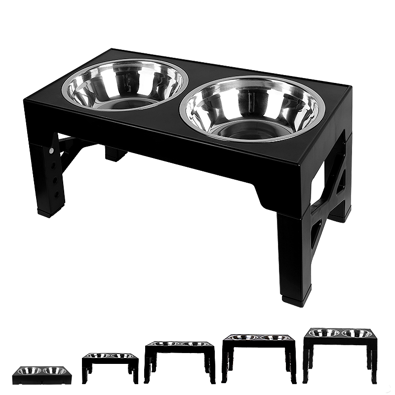 Elevated Dog Bowls 5 Height Adjustable Stand Raised dog bowl with Double Stainless Steel Bowls for Small Medium Large Dogs - Black