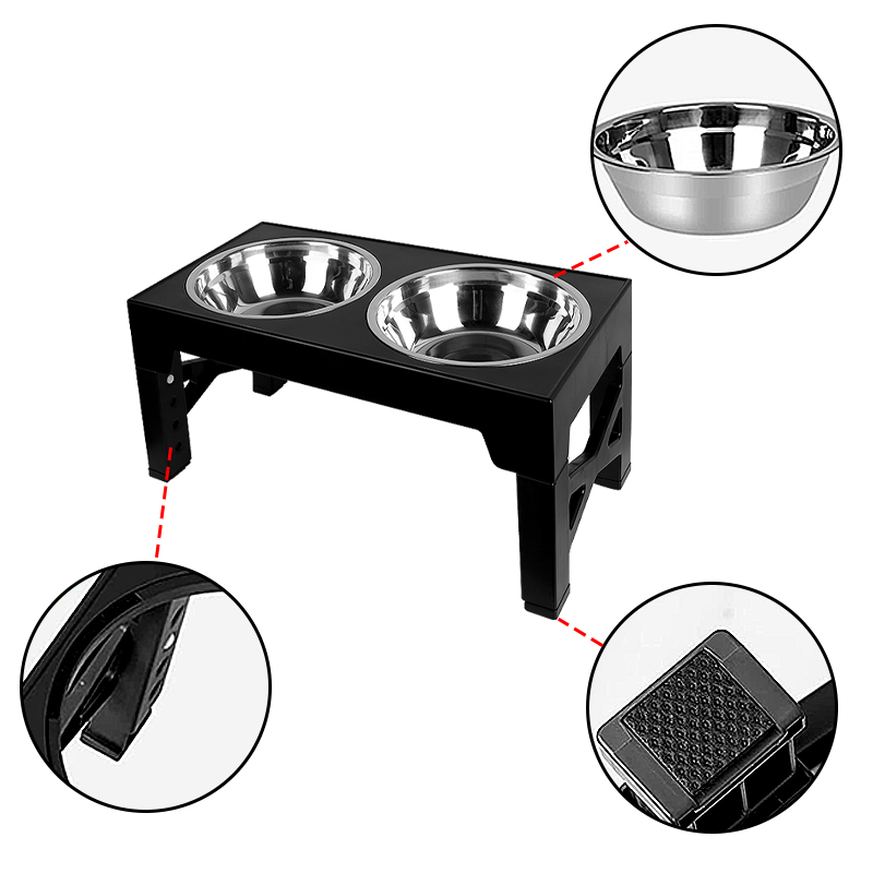 Elevated Dog Bowls 5 Height Adjustable Stand Raised dog bowl with Double Stainless Steel Bowls for Small Medium Large Dogs - Black