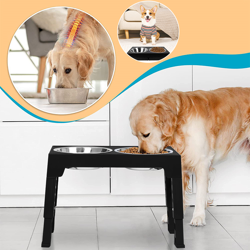 Elevated Dog Bowls 5 Height Adjustable Stand Raised dog bowl with Double Stainless Steel Bowls for Small Medium Large Dogs - Black