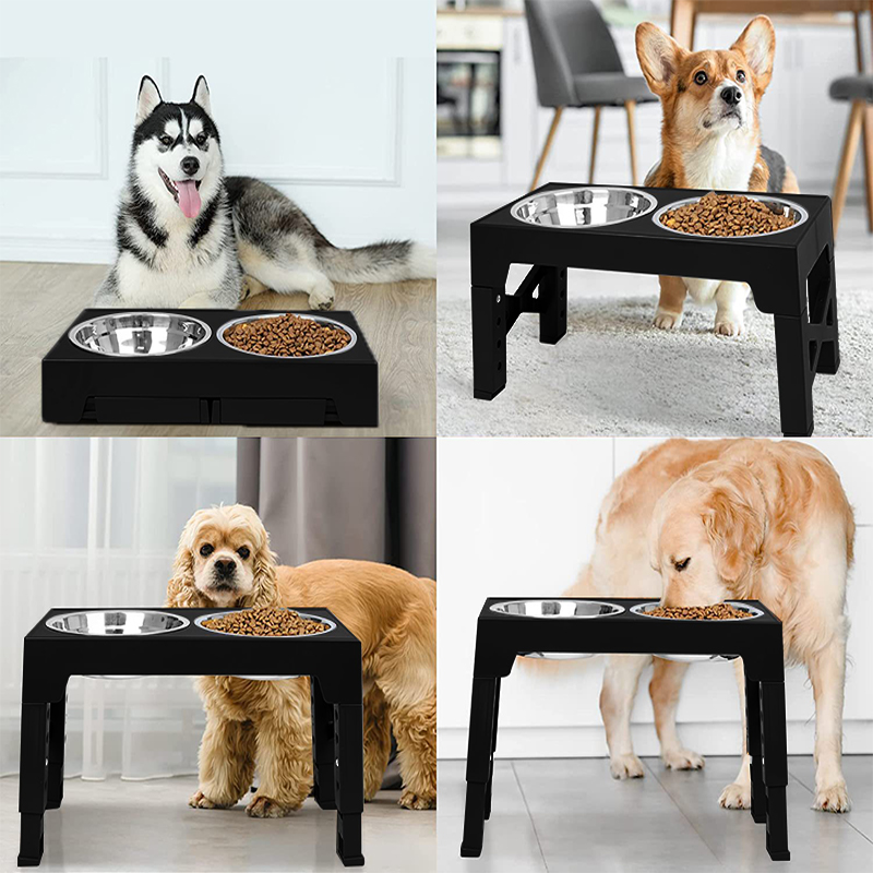 Elevated Dog Bowls 5 Height Adjustable Stand Raised dog bowl with Double Stainless Steel Bowls for Small Medium Large Dogs - Black